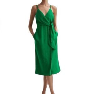 NEW Reiss emerald green Esme surplice side tie linen midi dress